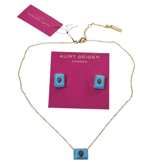 Kurt Geiger Jewelry - Kurt Geiger London Turquoise Eagle Head Necklace and Stud Earrings Set Gold Tone